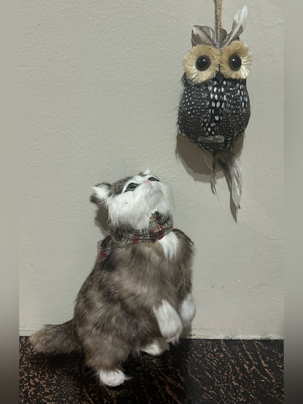Vintage Handcrafted Realistic Cat Figurine and Owl Ornament